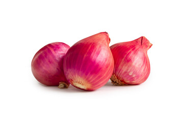 Fresh red onions in stack isolated on white background with clipping path and shadow in png file format.