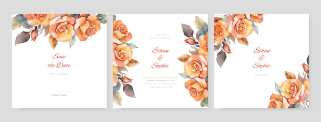 Fototapeta na wymiar wedding invitations with orange elegant flowers and leaves