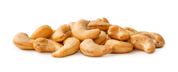 Roasted brown cashew nuts in stack isolated on white background with clipping path and shadow in png file format