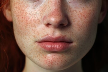 Fototapeta premium a close up of a woman with freckles,rosacea couperose redness skin.Generative Ai