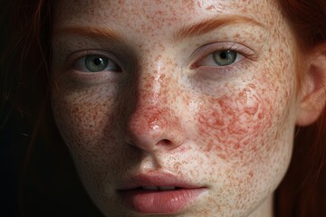 a close up of a woman with freckles,rosacea couperose redness skin.Generative Ai