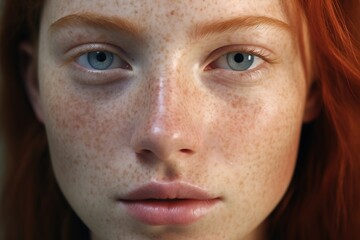 a close up of a woman with freckles,rosacea couperose redness skin.Generative Ai