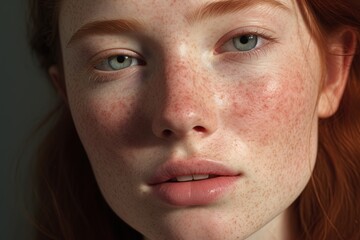 a close up of a woman with freckles,rosacea couperose redness skin.Generative Ai