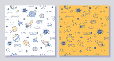Vector about Seamless pattern with cartoon space, hand drawn cartoon, cute background used for printing, wallpaper, children's clothing pattern design. vector illustration
