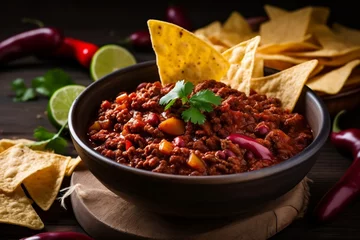 Fotobehang Hete pepers Chili Con Carne with Nachos Generative AI