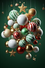 3d render of christmas baubles and stars on green background