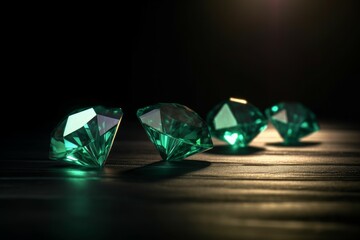 Green emerald gems table. Generate Ai - obrazy, fototapety, plakaty