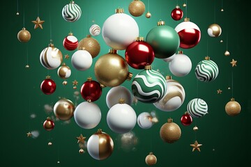 3d render of christmas baubles on a green background