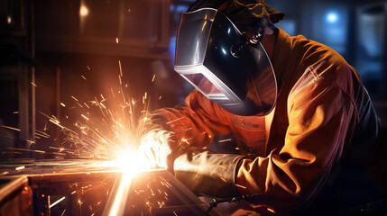Amidst the glow of molten metal, a talented welder artfully fuses materials together, creating a symphony of skill and precision. (AI Generative)