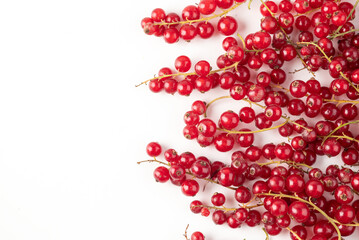 Redcurrant isolated on white. Fresh berry closeup, healthy diet concept. Ripe organic bilberry, creative composition. Juicy redcurrant background, top view.