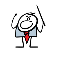 Very angry, strict, aggressive teacher yells at students and waves a pointer in his hand. Vector illustration of a nervous guy in a business suit.