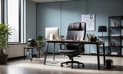 A stylish composition of a home office interior showcases a sleek black wooden desk paired with a matching chair. A vase with dried flowers adds a touch of natural elegance.