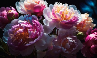 A stunning photo captures the beauty of spectral light illuminating a bouquet of transparent, bright, and deep-colored peonies in abstract flower art