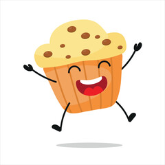 Cute happy muffin character. Funny jump cupcake cartoon emoticon in flat style. bakery emoji vector illustration