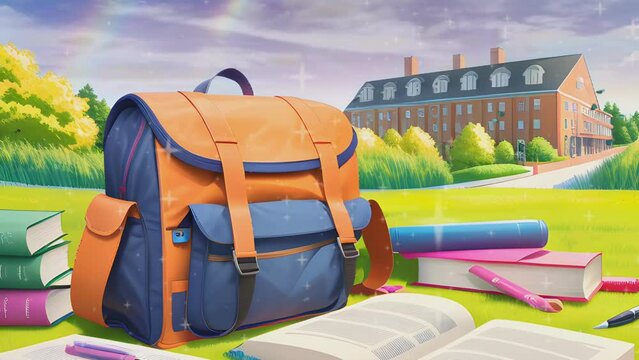 Bag and books for back to school design. Cartoon or anime watercolor painting illustration style. seamless looping 4K time-lapse virtual video animation background.