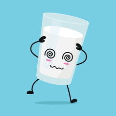 Cute dizzy milk glass character. Funny drunk milk cartoon emoticon in flat style. dairy emoji vector illustration