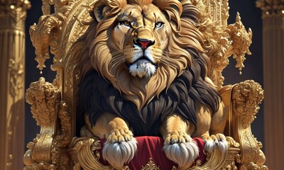In a regal and majestic scene, a royal lion sits proudly on a throne in a closeup view. The lion exudes an air of power and authority, its golden mane cascading magnificently around its strong shoulde