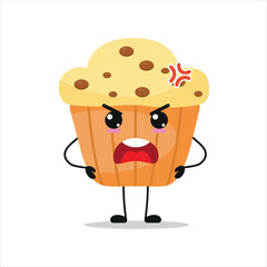 Cute angry muffin character. Funny mad cupcake cartoon emoticon in flat style. bakery emoji vector illustration