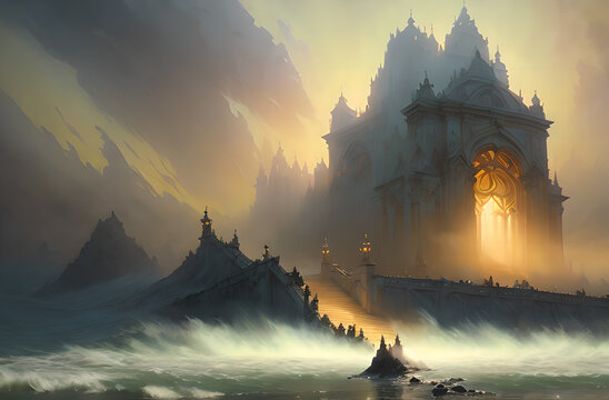 Fantasy fabulous epic landscape, in dark colors with the change of the sun, a divine fairy tale, Generative AI