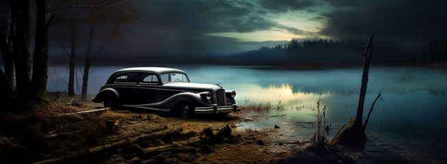 retro old car on the shore of the lake at sunset, banner made with Generative AI