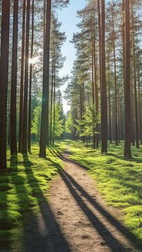 Green forest in the morning. Pine trees in the forest. Vertical video