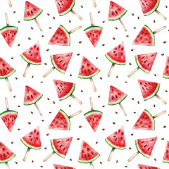 Seamless pattern with watercolor watermelon popsicles isolated on white. 