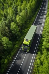 Aerial view of a green truck on the road in the forest