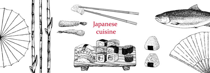 Japanese Restaurant Menu. Hand-drawn illustration of dishes and products. Ink. Vector