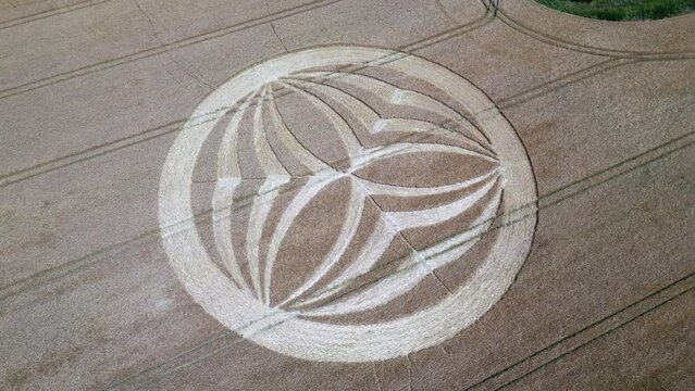 Aerial view rotating above strange symmetrical Warminster crop circle pattern carved into rural farmland field