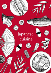 Japanese Restaurant Menu. Hand-drawn illustration of dishes and products. Ink. Vector