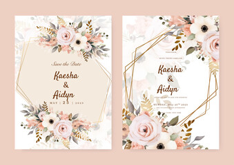 Soft pink floral wedding invitation and menu template