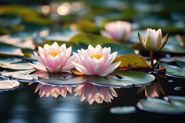 Beautiful pink water lily or lotus flower blooming on pond