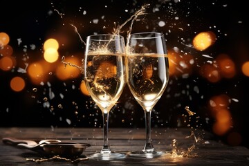 Glasses of champagne with splash on wooden table against bokeh background