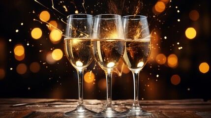 Glasses of champagne with splash and bokeh lights on background