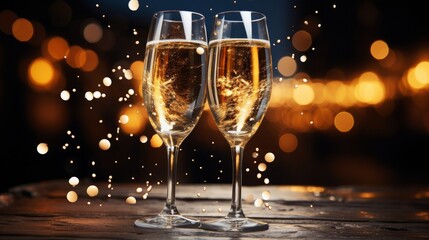 Two glasses of champagne on wooden table against bokeh lights background