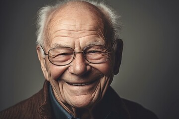 Fototapeta na wymiar Senior smiling man portrait in his 70s, looking at the camera, neutral background