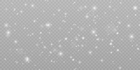 White snowflakes are flying in the air. Heavy snowfall on transparent vector background.