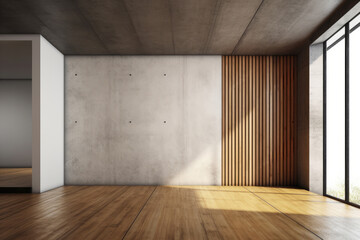 Interior of modern empty room with concrete walls, wooden floor and daylight. 3d rendering