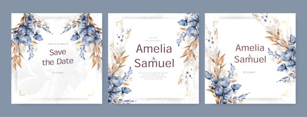 Beautiful floral wedding invitation template with flower and leaves decoration