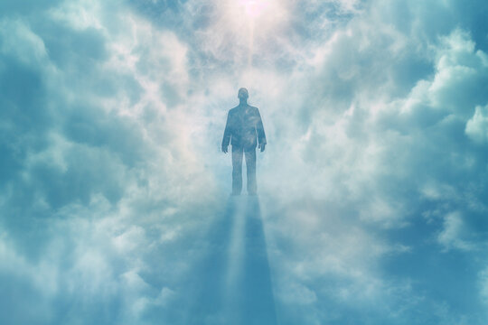  Soul Ascension. Ghost of a man taken up into heaven. Afterlife, meditation and dream concept Generative AI
