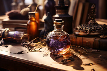 A wooden table full of witch supplies, magic potion