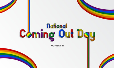 National Coming Out Day Typography Bahaus concept banner with rainbow pride flag ribbons, celebrated on October 11. LGBTQ pride inspired typographic design. Vector Illustration.
