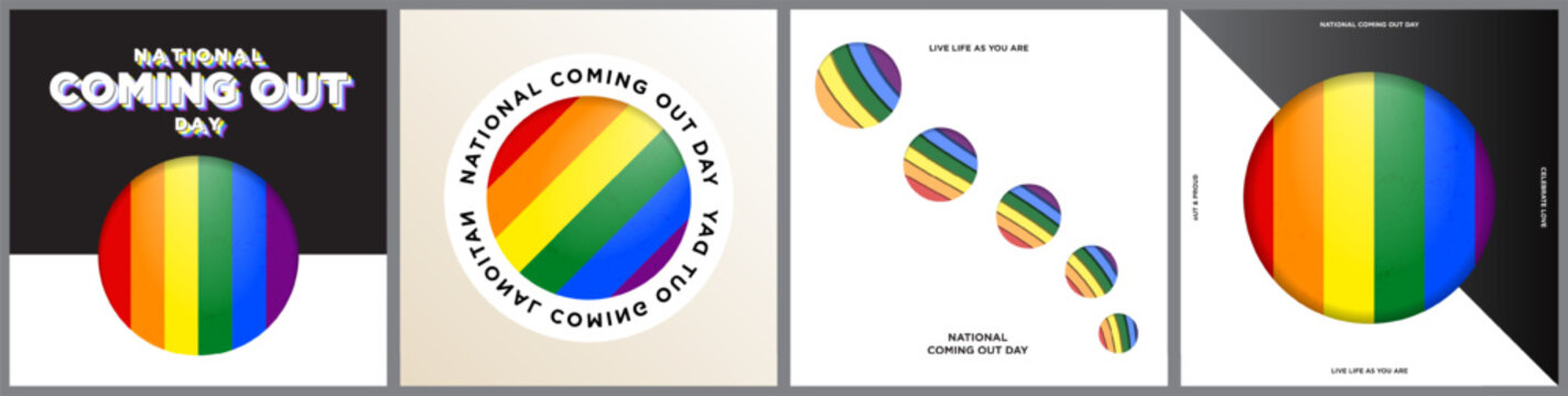 Set of Geometric National Coming Out Day Concept Artworks and Greeting Cards. Retro typography and textured rainbow pride flag. Minimalism poster template art style. Editable Vector Illustration.
