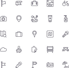 Travel icon set. Collection of outdoor activity sign for web design, UI design, mobile app, etc. Relax outline icon. Camping black pictogram on white background.