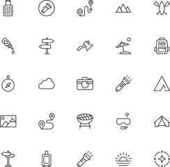 Travel icon set. Collection of outdoor activity sign for web design, UI design, mobile app, etc. Relax outline icon. Camping black pictogram on white background.