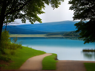 serene lake footpath in volumetric pastel hues.