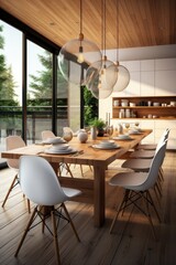 interior of modern dining room with wooden table and chairs. 3d rendering