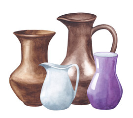 Old ceramic jugs and pots set. Hand drawn watercolor illustration, isolated on white background