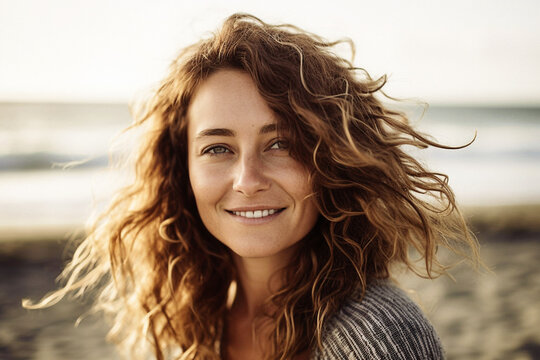 Portrait Of Beautiful Young Woman In Her 20s With Fresh Wind In Her Hair On A Serene Beach