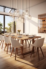 Contemporary dining room interior with white walls, wooden floor, round tables and white chairs. 3d rendering